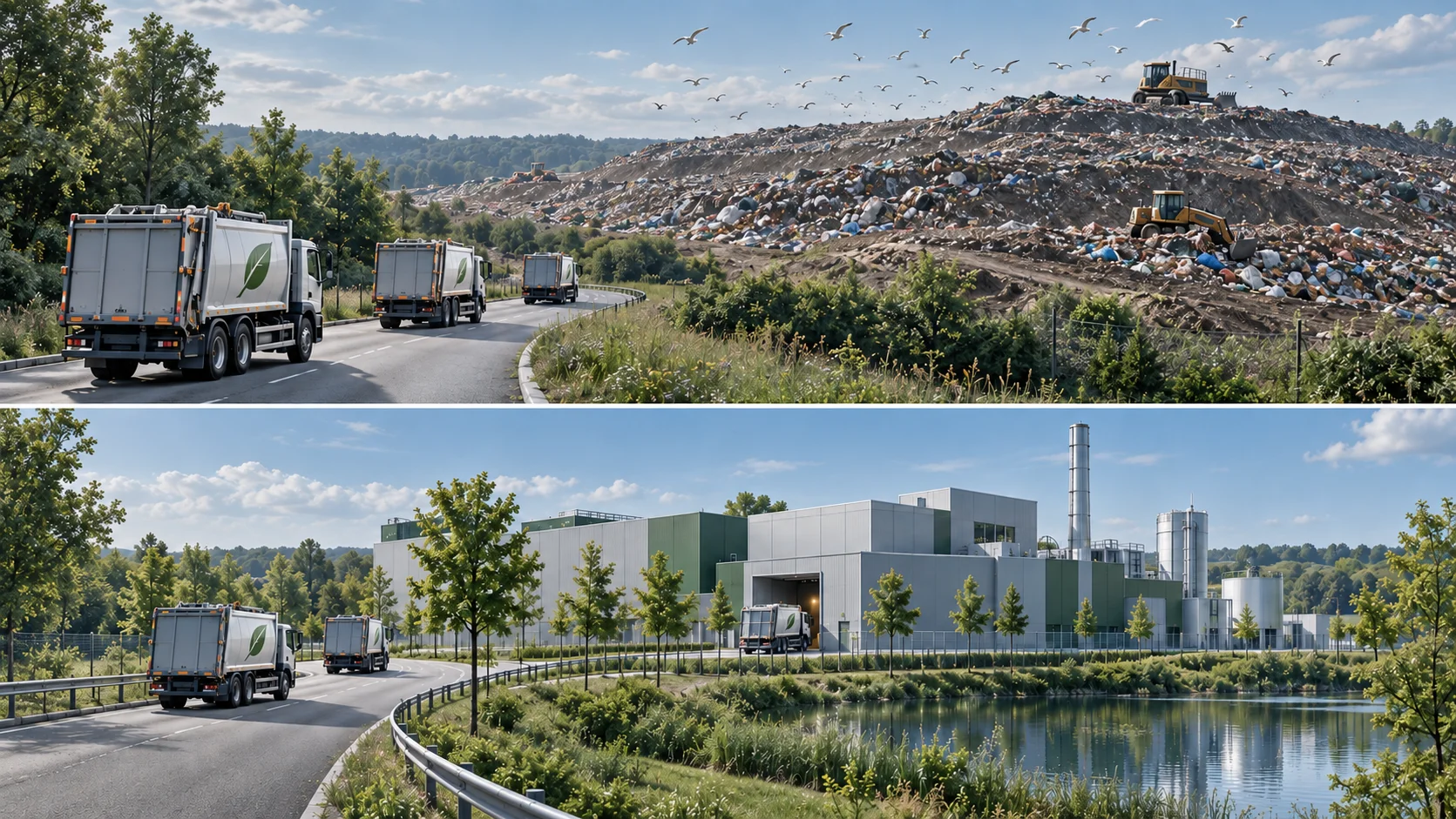 Abfallsammelfahrzeuge auf dem Weg zur Deponie und zur modernen Verwertungsanlage
